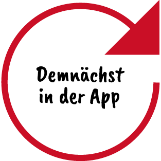 Ein Kreis mit Pfeil enthält den Text "Demnächst in der App". Es wird bald Neuigkeiten in WikiDog geben.