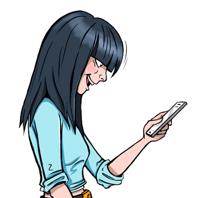 Home 4 Im Comic schaut ein Mädchen auf ihr Handy. Sie hat die Hunde-App WikiDog immer dabei.