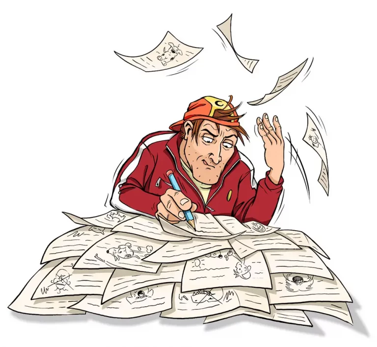 Cartoon-Szene. Mann sitzt im Trainingsanzug vor unzähligen Skizzen und illustriert die Hunde-App WikiDog.