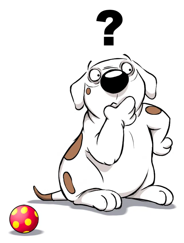 Comic-Hund sitzt interessiert vor Ball und fragt sich, was im nächsten Update der Hunde-App WikiDog enthalten sein wird.